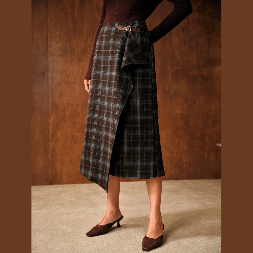 Brown Plaid Asymmetric Wrap Front Buckle Hardware Midi Skirt